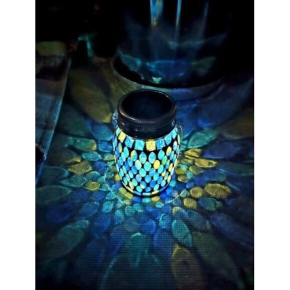 Mosaic Solar Lanterns Outdoor Hanging Lights Solar Table Lamps & Cool Blue Color - Picture 2 of 2